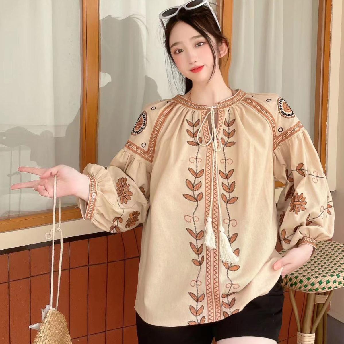 

Жіноча весняна блуза у вінтажному етнічному стилі з довгим рукавом і круглим вирізом, вільна вишита бавовняна конопляна пуловерна сорочка повсякденна One Size бежевий