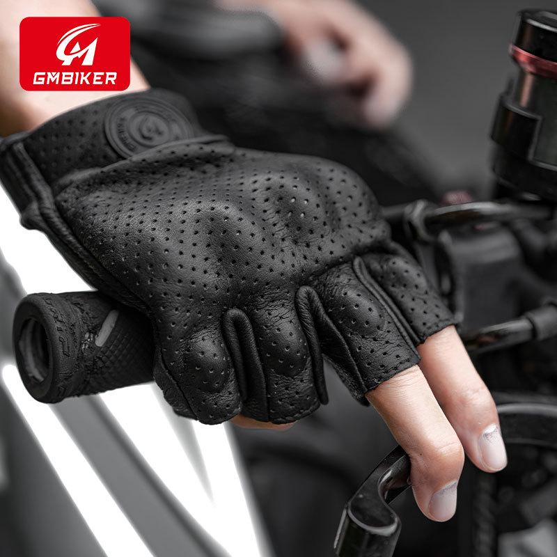 GMBIKER Genuine Leather Retro Motorcycle Half-Finger Gloves - Anti-Fall, Breathable, Full-Finger Optional for Summer Riding