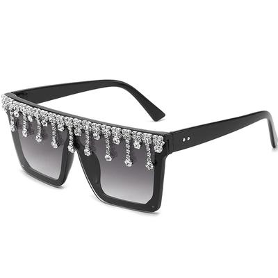 New Fashion Diamond-encrusted SunglassesSquare Frame Chain Integrated Sunglasses WOMEN'S Large Frame Dazzling Glasses Trend