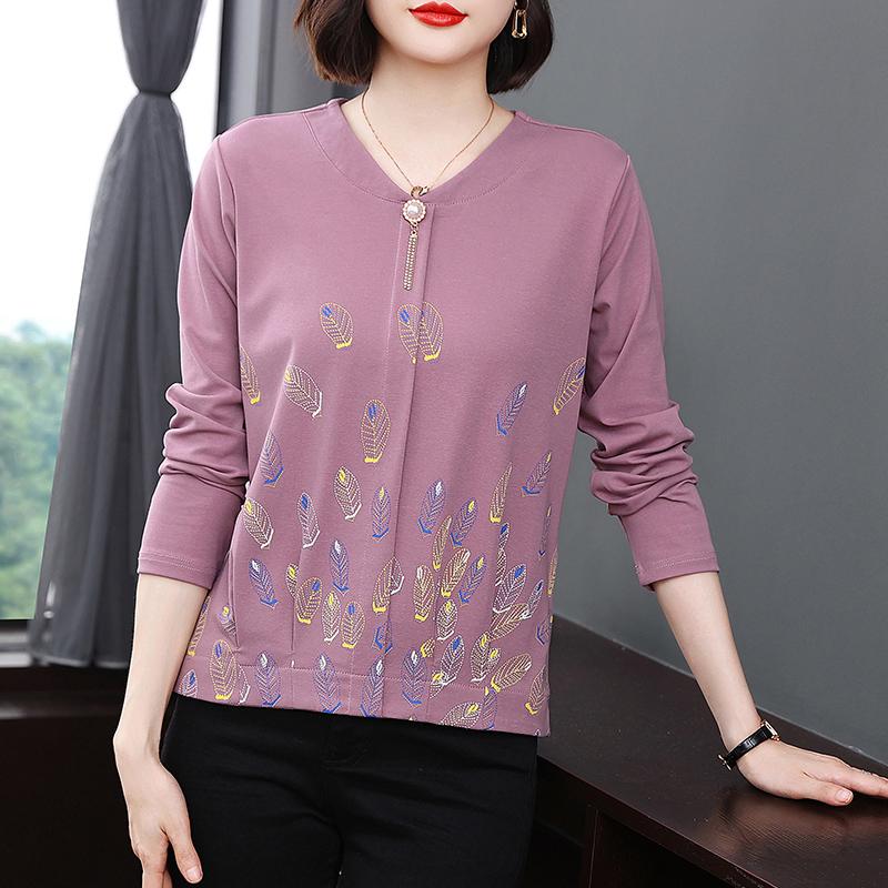 

Женская 4XL Весенняя новая одежда для мам Футболка с длинными рукавами Простая V-образная горловина Печатный дизайн Свободная утягивающая женская одежда 4XL