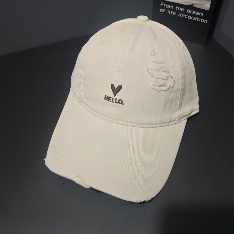Love Embroidery Ripped Baseball Cap Women's Wide Brim Showing Face Small Versatile Cap Soft Top Big Head Circumference Deep Top Hat