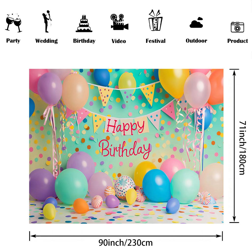 Happy Birthday Photo Booth Background Cloth - Bright Balloon and Cake Patterns, for Ladies' Celebration Parties