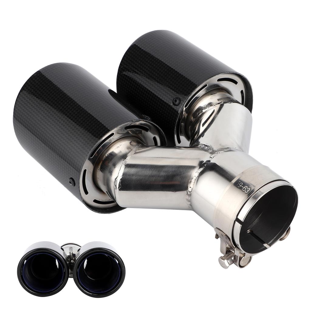 Glossy Carbon Fiber Tail Throat Exhaust End Y Shaped Dual Outlet Left Side Mounting Universal for