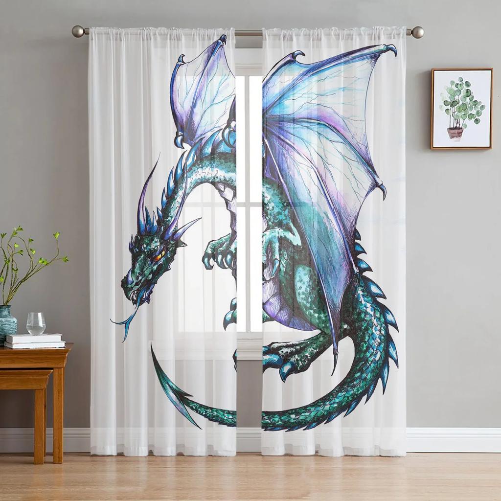 Chinese Style Black Dragon Blue Tulle Sheer Window Curtains for Living Room the Bedroom Modern Voile Organza Curtains Drapes