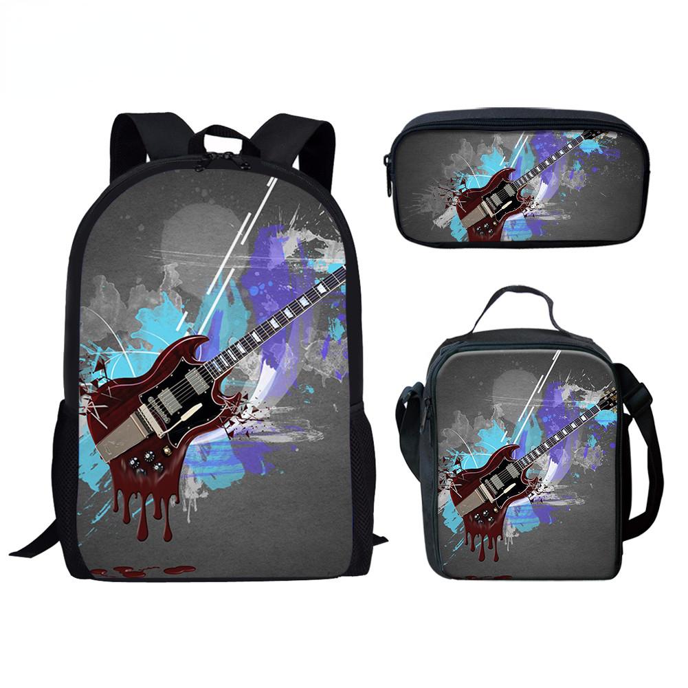 Zaino Scuola per Bambini Zaino per Laptop Zaino Giornaliero Borsa Pranzo Astuccio Musica Chitarra Stampa 3D Novità Divertente Cool di Lusso 3pz/Set