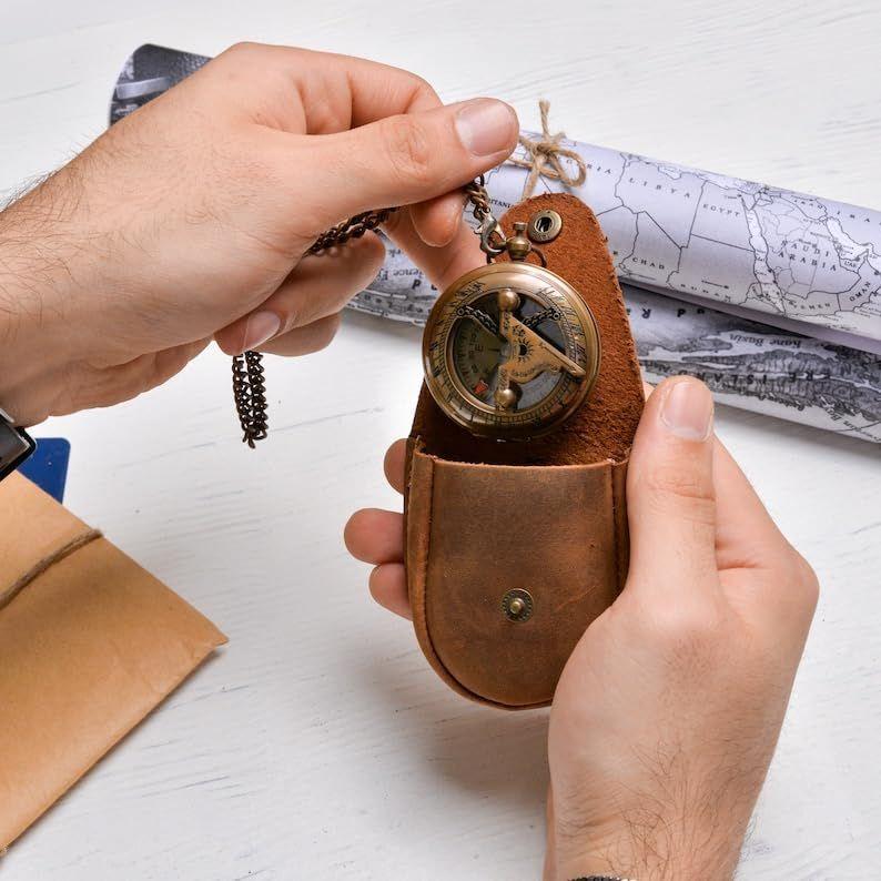 Pocket Compass Sundial Brass Nautical with Leather Cover Birthday Gift for Your Lovedones