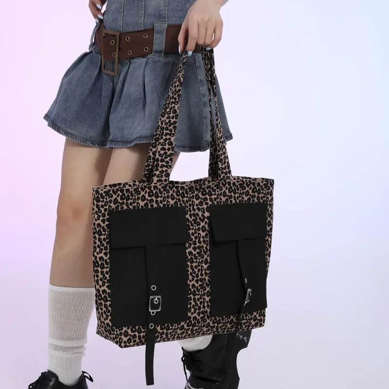 Leopard Print Canvas Zipper Casual Versatile Youth Shoulder Bags Hot Sale Large Capacity Sewing Line Bags for Women