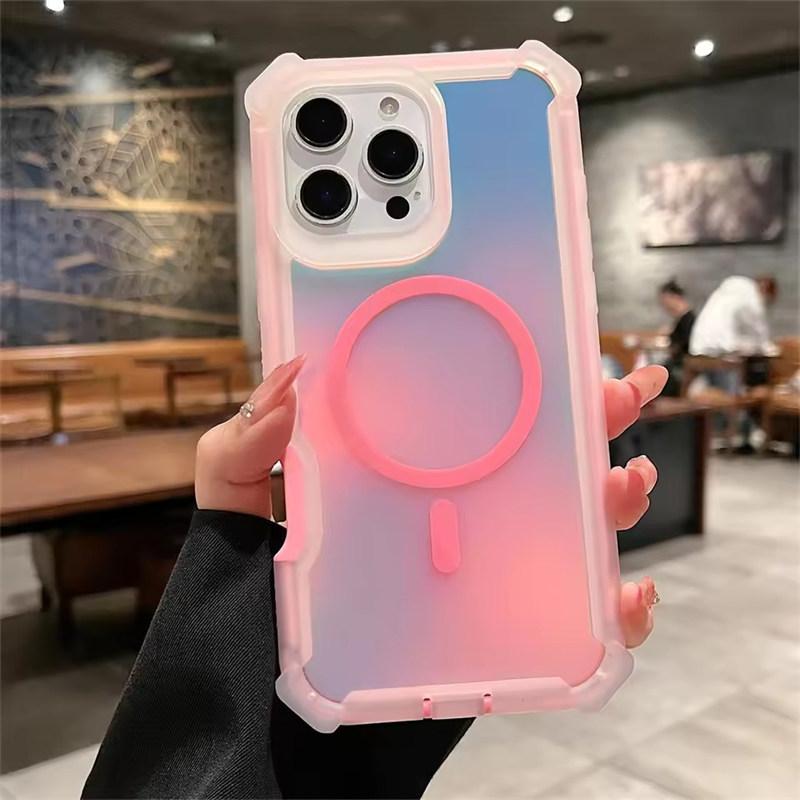 Luxury Magsafe Laser Dazzling Armor Case For iPhone 16 15 14 13 Pro Max Plus Samsung S22 23 24 25 Ultra Wireless Charging Dual Layer Protection Cover