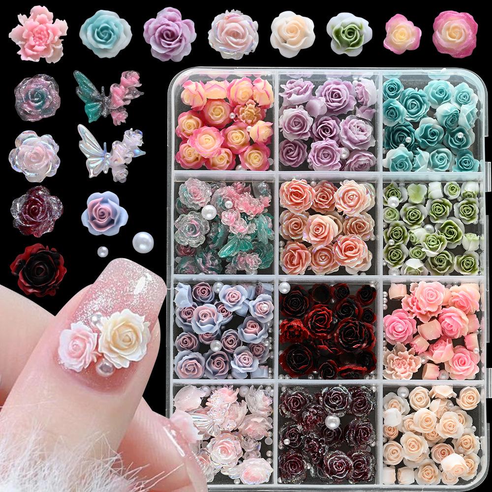 Rose Pearl & Camellia Nail Art Decorations - 12 Grids Mixed Pack