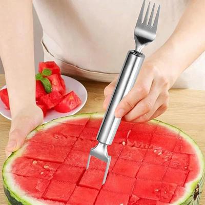 Nerezové kráječe ovoce 2 v 1 Dvojitá hlava Vidlička na meloun Kráječ Nástroj na krájení Pro domácí kuchyňský gadget Kráječ na melounové kostky