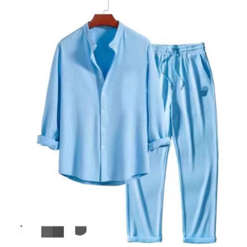 

Men s Black Long Sleeve Stand Collar Shirt with Button Front and Drawstring Waist Pants Set XXL світло-синій колір