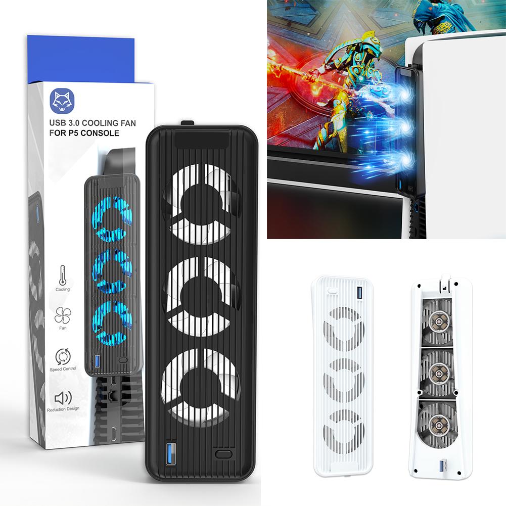 Quiet Cooler Fan 5500RPM Cooling Fan LED Light Efficient Cooling System with 3 Fans for Playstation 5 Disc&Digital Edition
