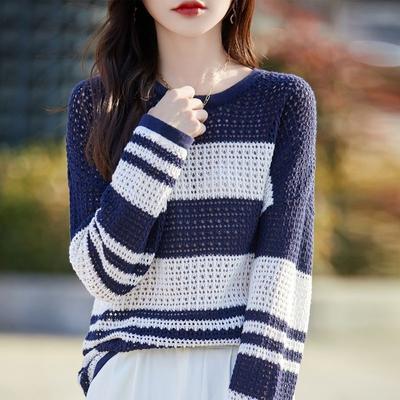 Maglione lavorato a maglia traforato Primavera Estate con righe a maglia Copricostume Sottile a maniche lunghe per protezione solare