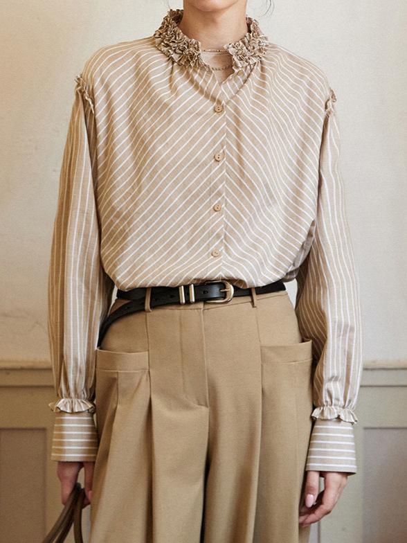 2025 Hepburn Style French Striped Petal Collar Shirt for Women - Unique, Beautiful, Small Top