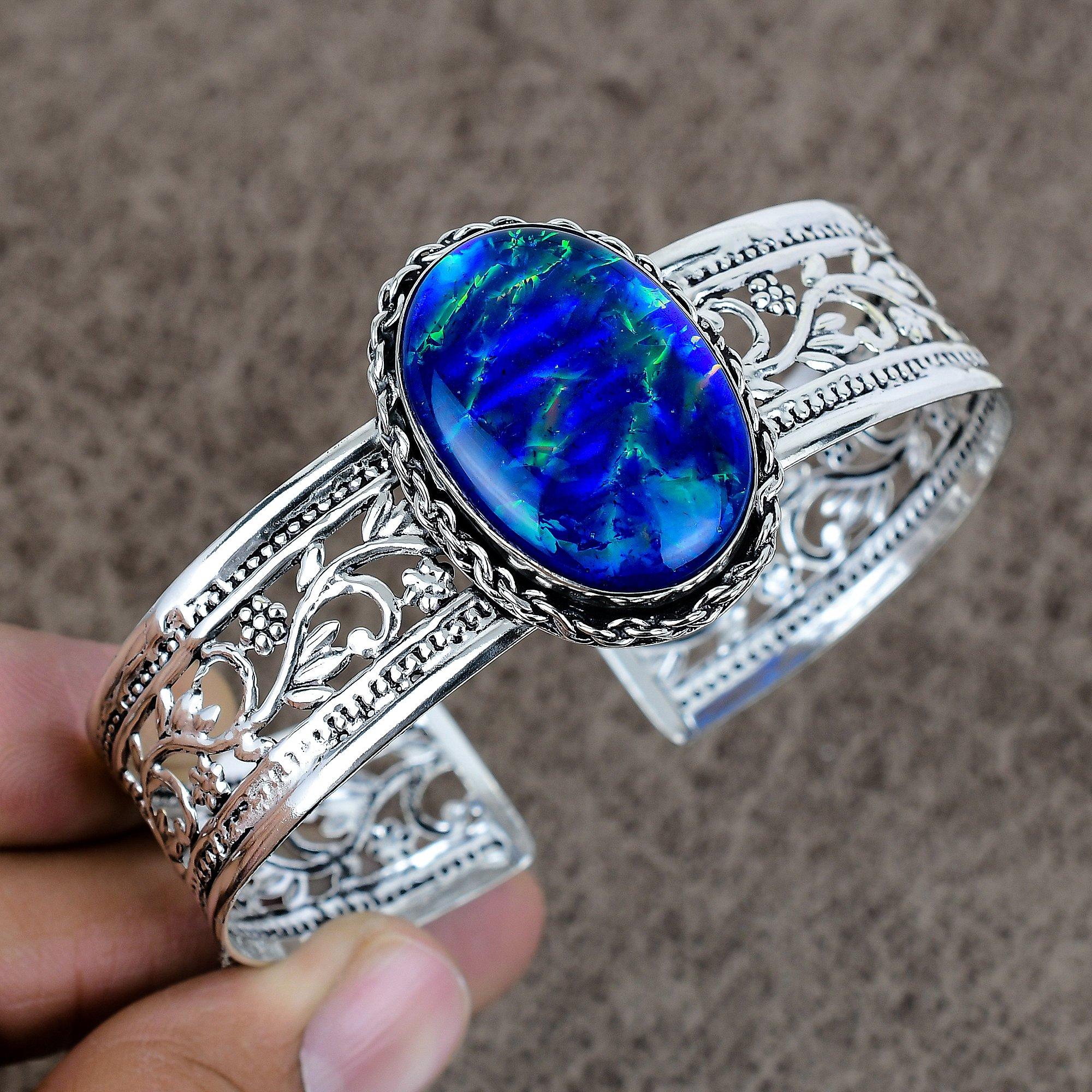 

Blue Triplet Opal Gemstone 925 Sterling Silver Cuff Bangle Adjustable KKG-244
