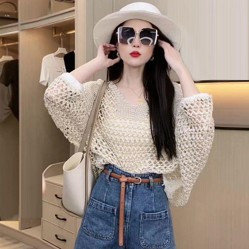 Velký netopýří rukáv Lesklý hedvábný Dírkovaný pletený svetr Tenké dámské Tričko na ochranu před sluncem Volný Jednobarevný Výstřih do V Pulovr Klimatizační tričko