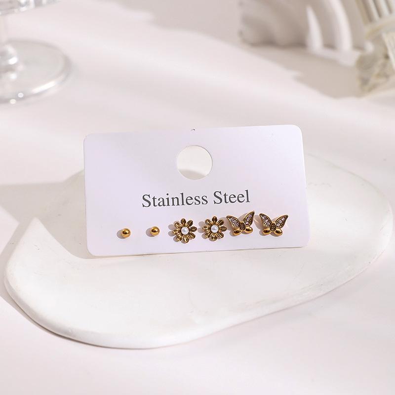 Stainless Steel Stud Earrings Set with Zirconia: Butterfly, Star, Heart & Four-Leaf Clover Designs