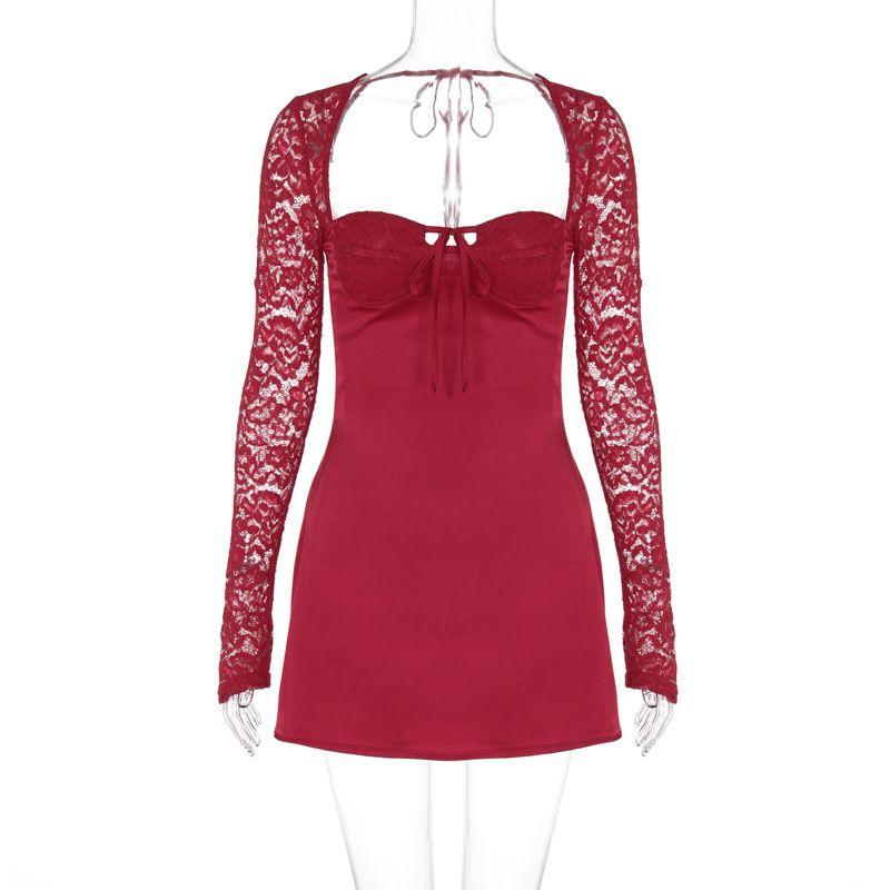 

Модный стиль Инс Новинка Мода Кружево Длинные рукава Приталенное Платье Сексуальное с открытой спиной На шнуровке Облегающее бедра кружевное платье Red L