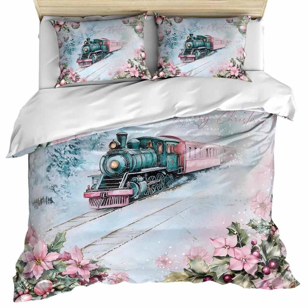 Winter Snow Train Duvet Covers For Kids Teens Queen Size Lightweight Quilt Covers Train Railway Track Bedding Set No Comforter