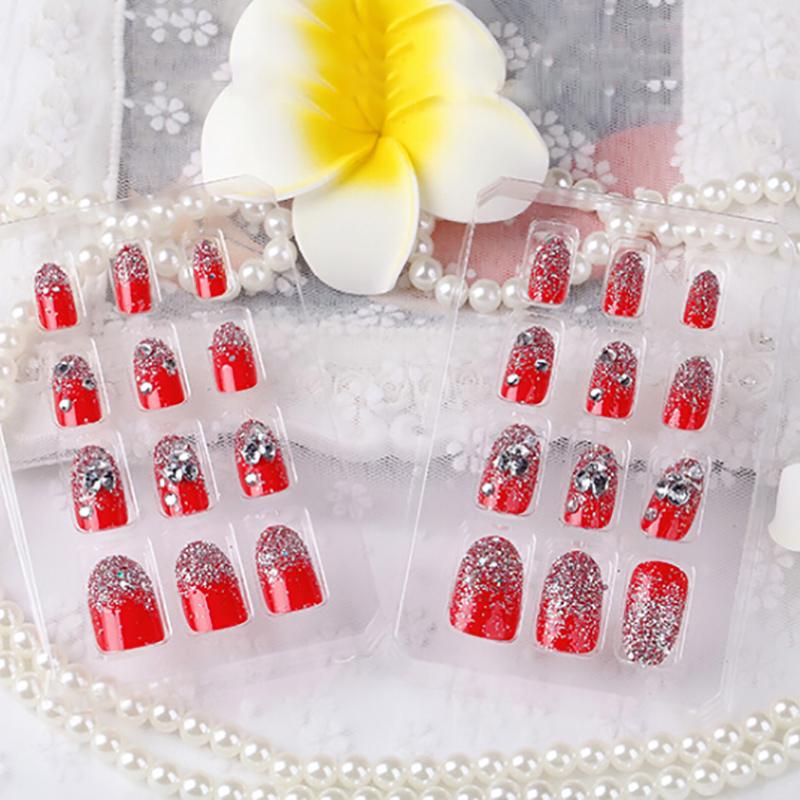 24Pcs Red Round False Nails Acrylic Uv Gel Full French Fake Nails Art Tips Tools