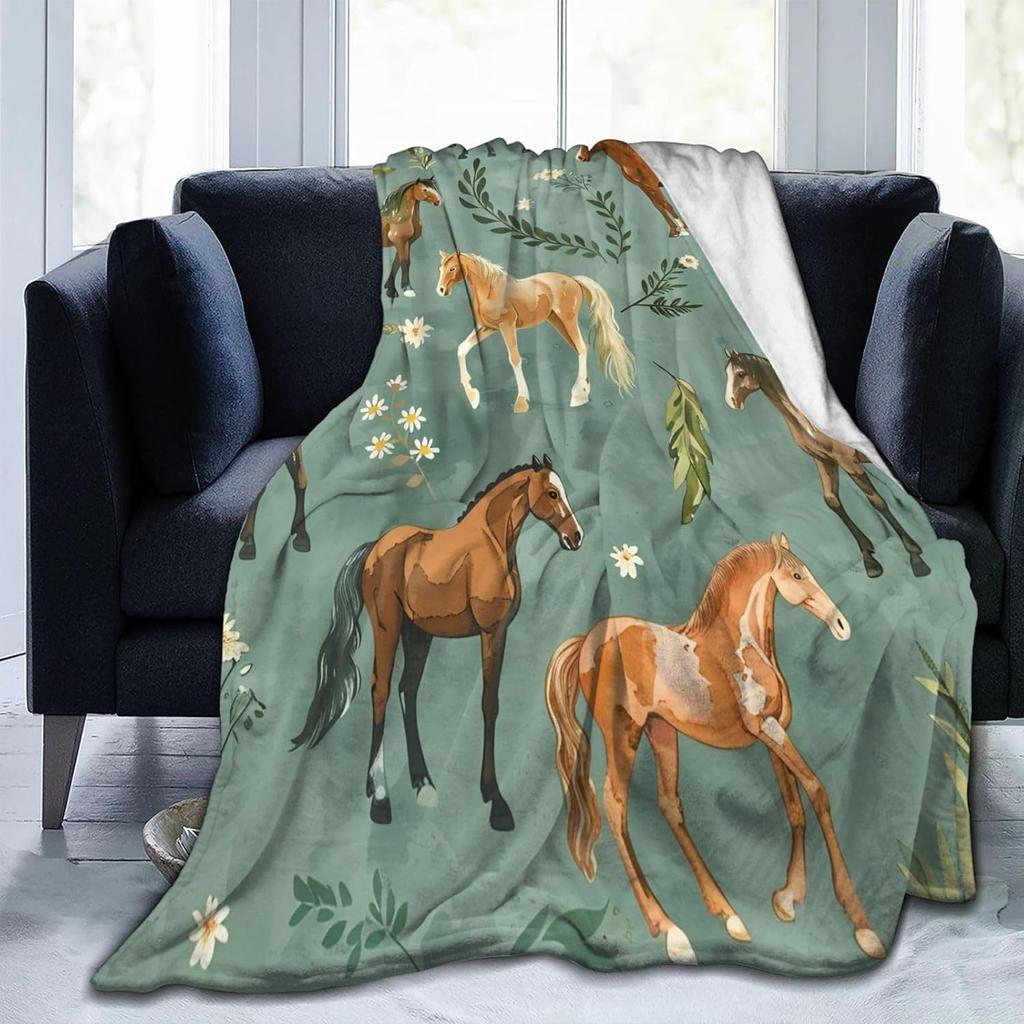 Horse Blanket Cute Horses Flowers Decor Throw Blanket Gifts for Animal Lover Warm Soft Plush Lightweight Fleece Flannel Blanket