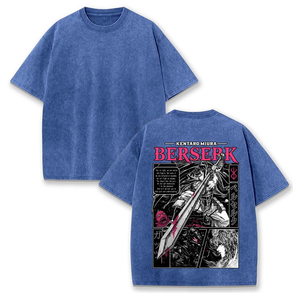 Men Berserk Japanese Anime Graphic T-shirt Vintage Washed Oversized Short Sleeve Top Casual Loose Tees