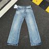 LUXEON American Style Vintage Light Blue Washed Pants Zipper Closure Mid Waist
