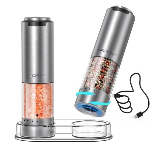 CIRCLE JOY Electric Pepper Mill, Stainless Steel, External Thickness Adjustment, 95ml Container, Storage Base, White LED Light, Set of 2, Silver