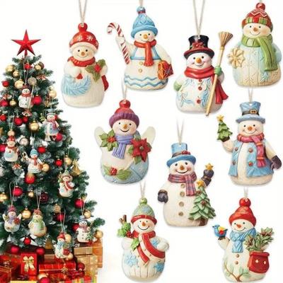 18 Piezas Colgante de Muñeco de Nieve de Madera con Diseño Pintado Estilo Dibujos Animados con Cordón Adorno Colgante de Navidad 9 Diseños de Muñecos de Nieve