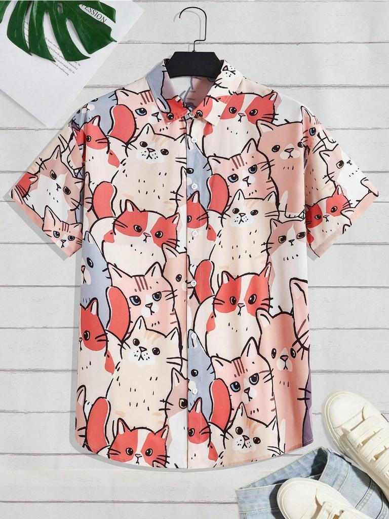 Men's Cute Cat Print Casual Daily Wear 3d Printing Short Sleeve Shirt Fashion Hawaiian Shirts For Men Harajuku