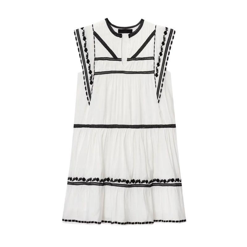 

Spring and Summer New Women s Clothing Cotton round Neck Laminated Decoration Contrast Color Embroider Sleeveless Dress 5107049 White L