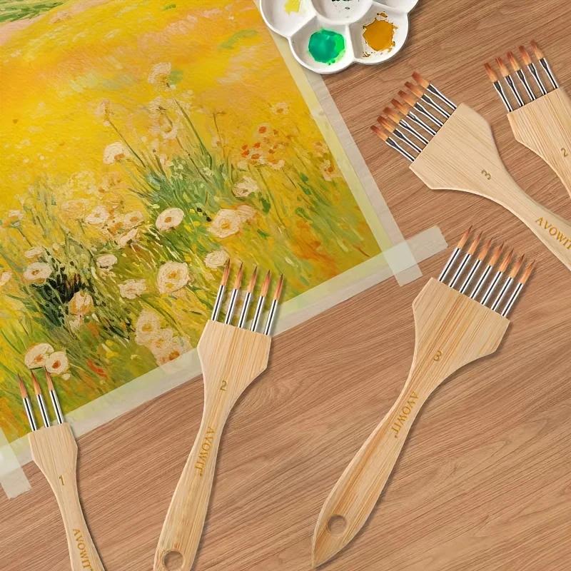 New Wooden Handle Multi Tooth Brush Set, Flat Head, Round Head Artistic Watercolor Acrylic Brush, Multifunctional Painting Brush