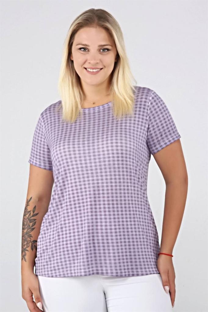 Damen Stil Große Größe T-Shirt Karomuster Ölwaschung Basic T-Shirt-Blau