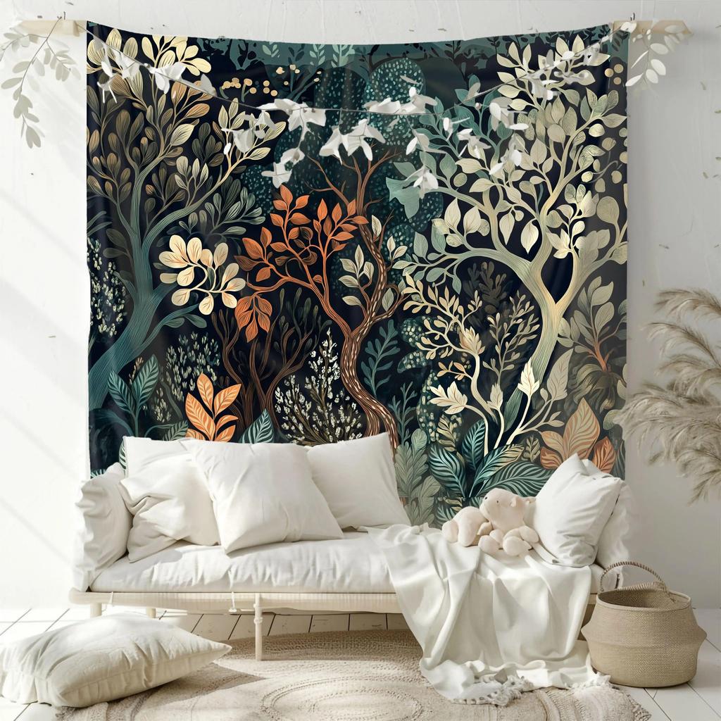 2D Flat Printed Enchanted Forest Leaves Floral Art Tapestry Peach Skin Wall Decor Bedroom Living Room Home Aesthetic Backdrop