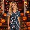Damska koszula robocza z dekoltem w serek, krótkim rękawem i kieszeniami, z nadrukiem na Halloween, top do uniformu opiekuna