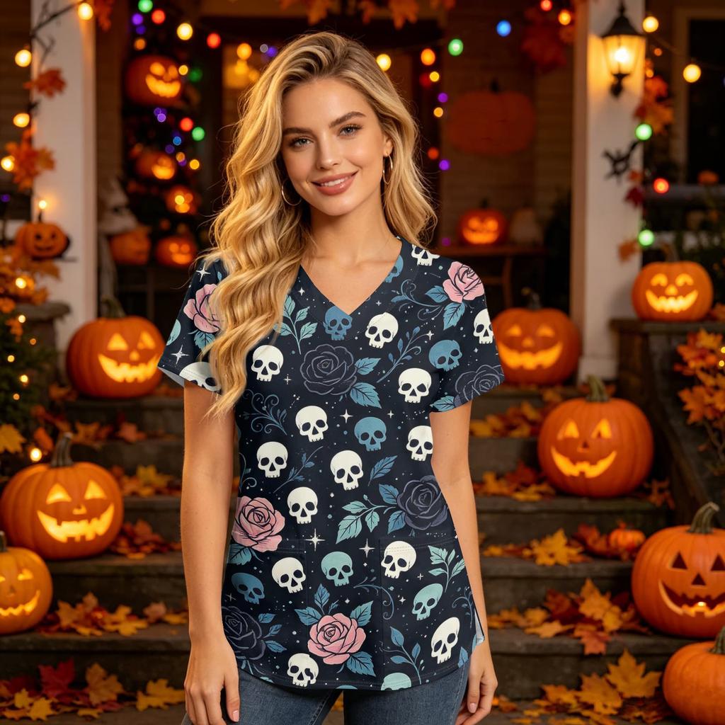 Damska koszula robocza z dekoltem w serek, krótkim rękawem i kieszeniami, z nadrukiem na Halloween, top do uniformu opiekuna