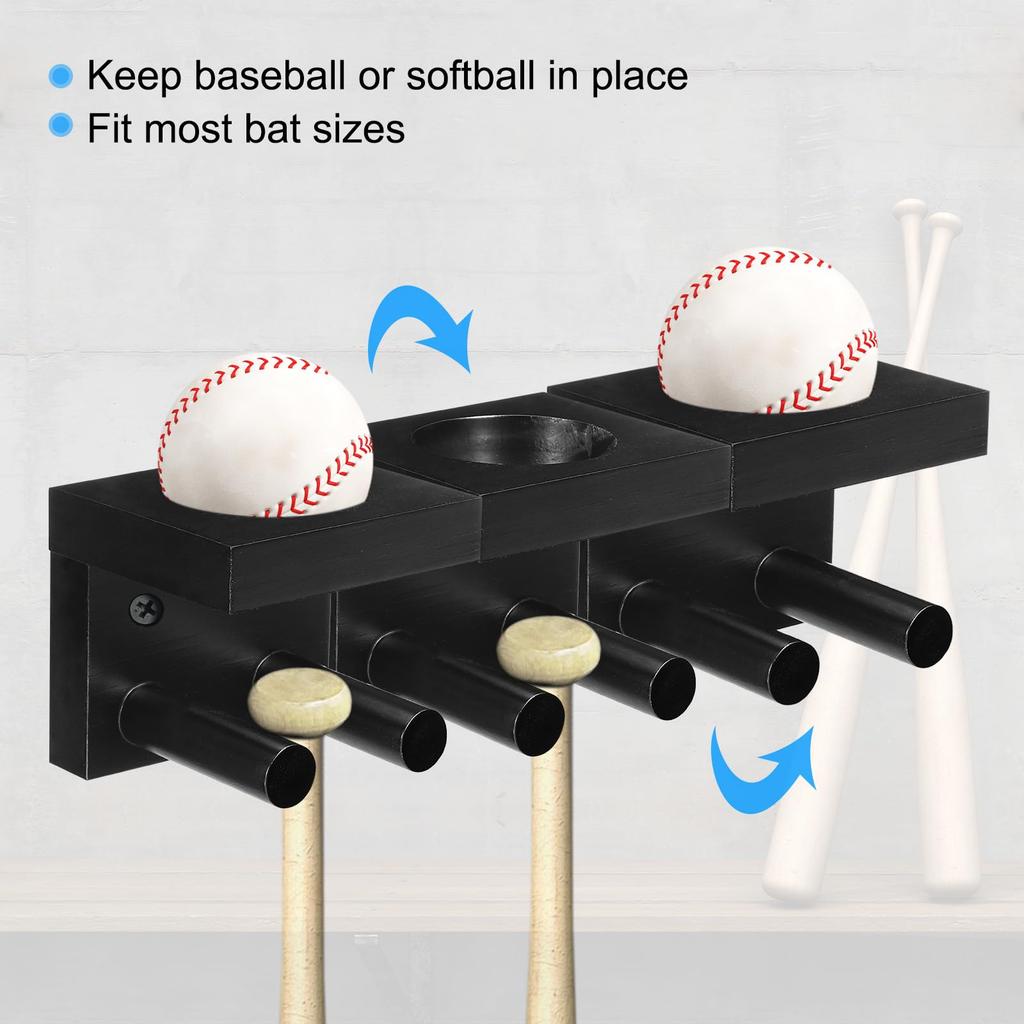 PATIKIL Baseball Bat Holder Set of 2 Wooden Baseball Bat Wall Mount Holder Sports Display Wall Mount Softball Storage Hockey Stick Black