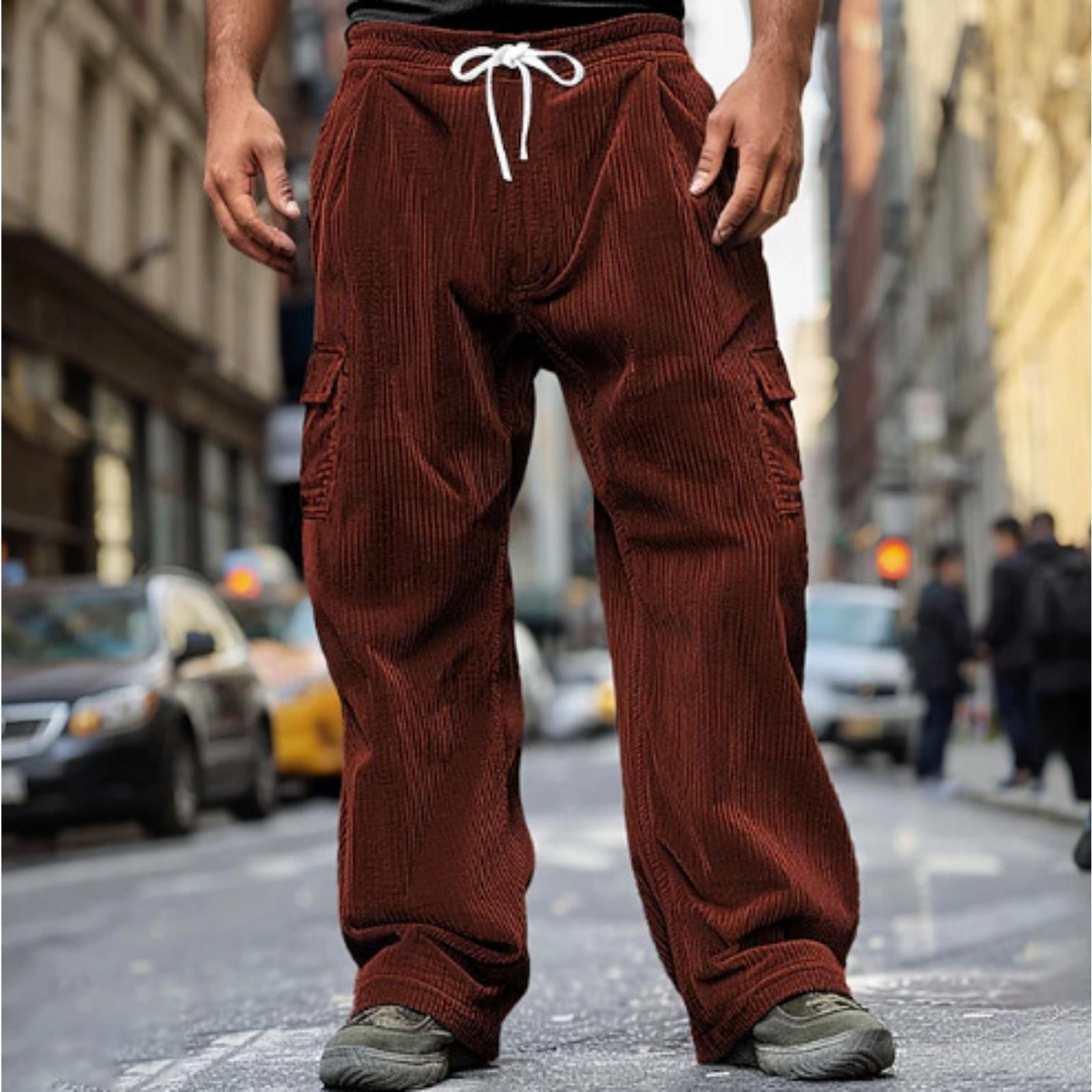 

Men Corduroy Cargo Pants Relaxed Fit Drawstring Waist Multiple Pocket Casual Loose Trousers for Everyday Wear XL винний