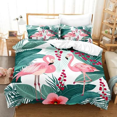 Housse de Couette Flamant Rose Taille King/Queen Vert Décor Feuilles Tropicales Ensemble de Literie Palmier Fleur Doux 2/3 pièces Housse de Couette en Polyester