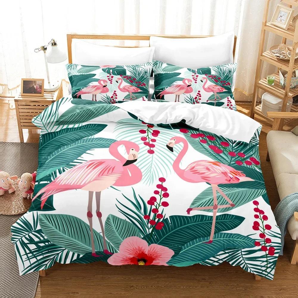 Flamingo Duvet Cover King/Queen Size Green Tropical Leaves Decor Bedding Set Palm Tree Flower Soft 2/3pcs Polyester Quilt Cover