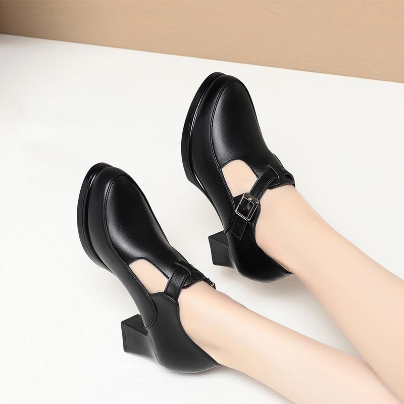 6cm Breathable Comfortable T Strap Soft Leather Shoes Women Pumps 2025 Spring Med Block Heels Shoes for Office Work Dance Mom