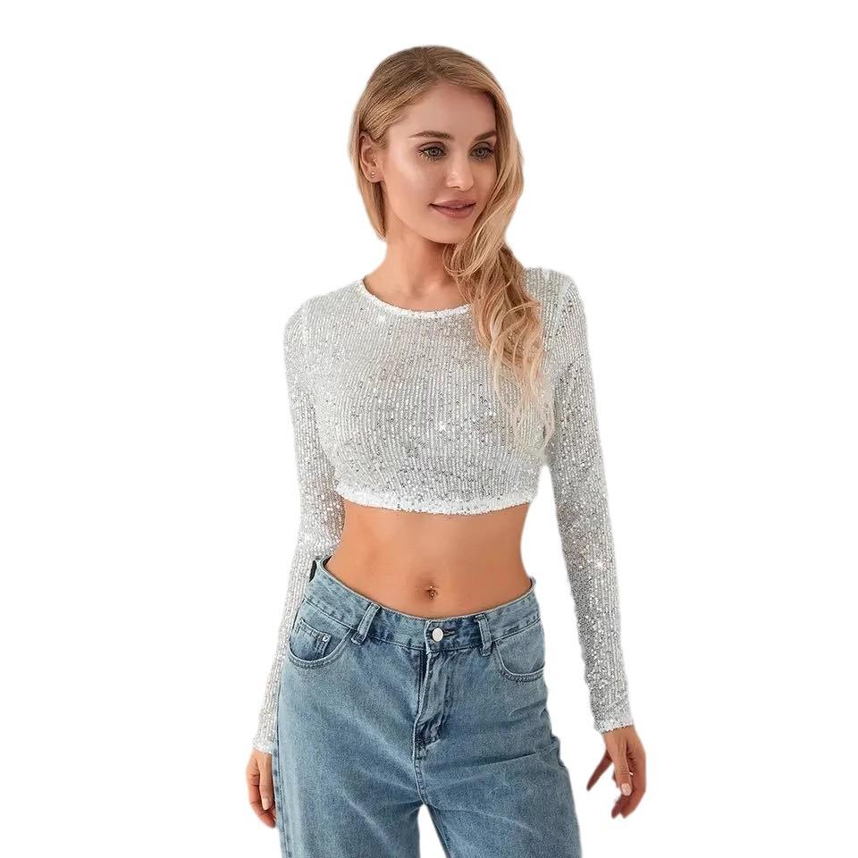 2023 Fit Slim Autumn Sequin Crop Top – Sexy Solid Color Fashion Tee