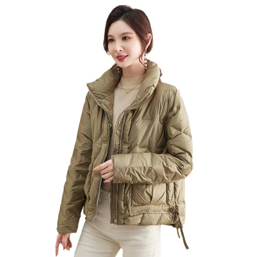 Autumn and Winter New Fashion Stand-up Collar Pressed Glue White Duck Down Winter Warm Down Jacket Women's Short Big Pocket Coat