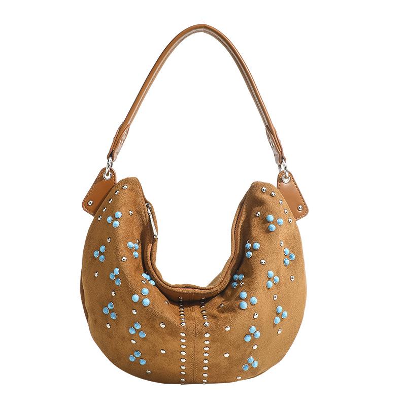 Niche Women s Retro Rivet Suede Crossbody & Shoulder Crescent Bag коричневый