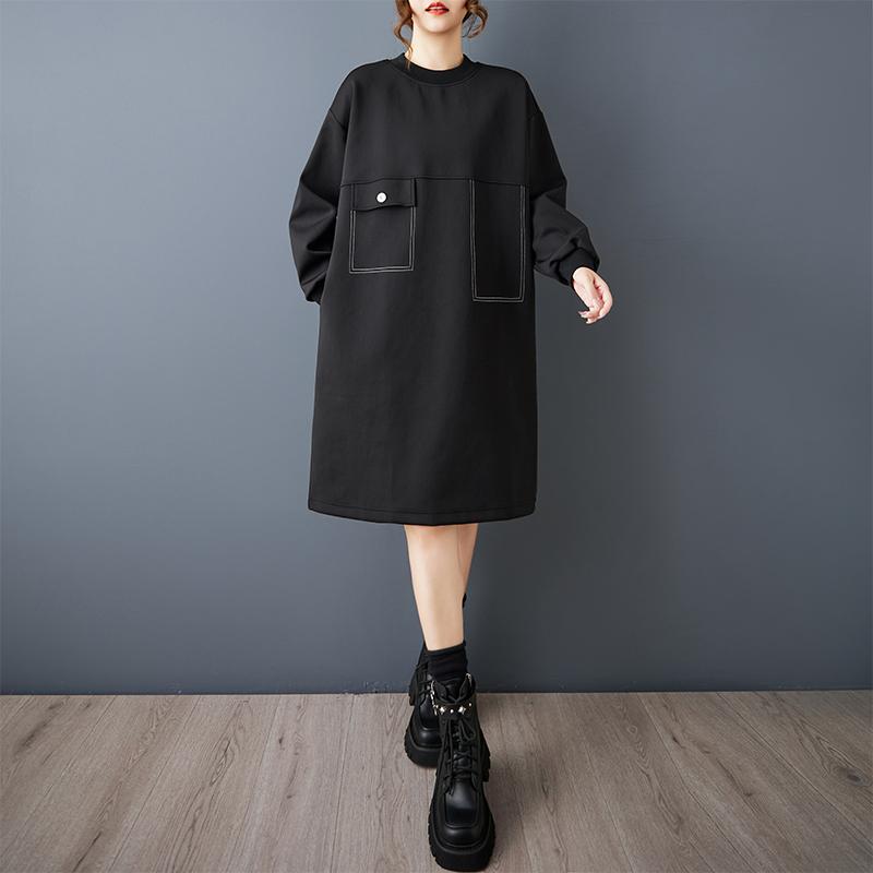 DIMANAF 2025 Women Plus Size Autumn Shirt Dress Long Sleeve Loose Casual Oversize Vintage Dress Black