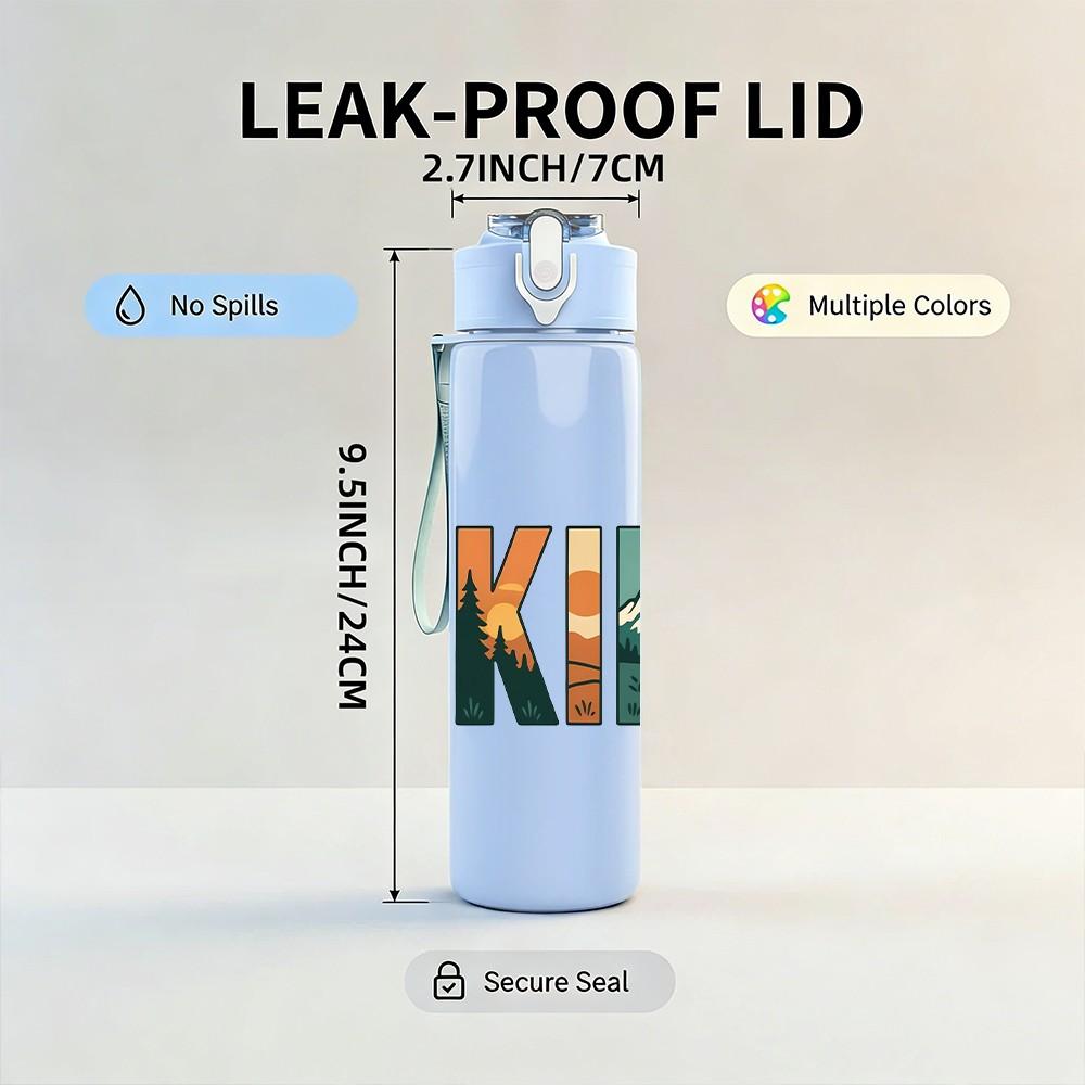 1PC Hiking Retro Bold Letter Text Print 750ml Color Plastic Sports Water Bottle Leakproof Flip Straw Lid Suitable for Sports Office Home Use
