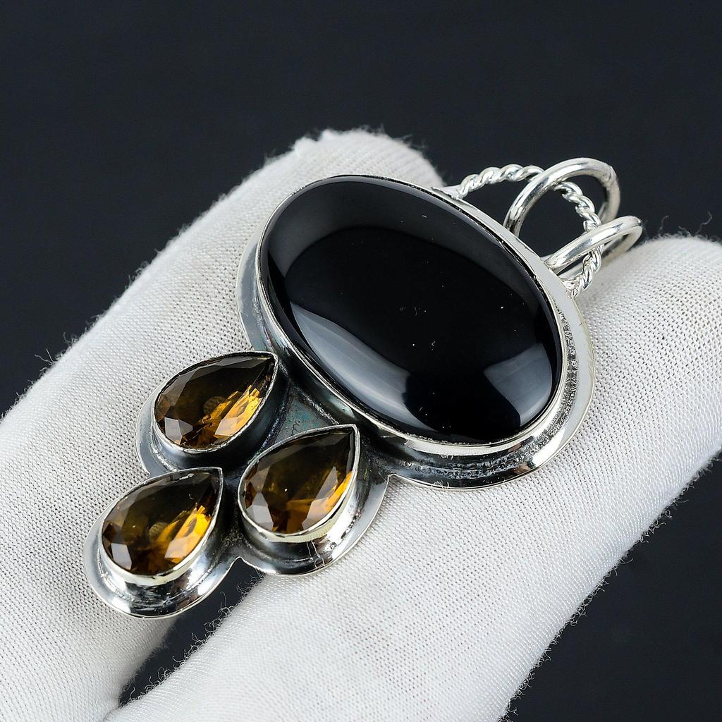 Black Onyx, Honey Topaz Gemstone Silver Pendant, 925 Sterling Silver Jewelry Pendant, Natural Black Onyx Pendant For Women Pendant For Her