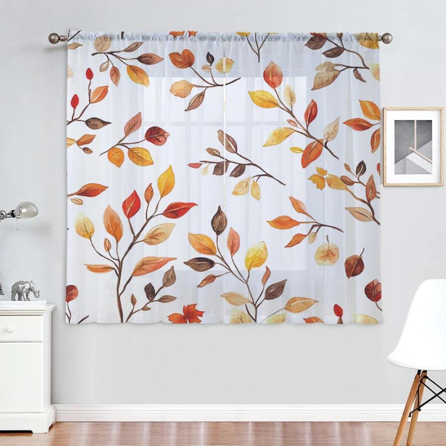 2PCS Digital Print Sheer Curtain, Watercolor Autumn Leaf, Artistic Fall Seasonal - Voile Drapes for Bedroom Living Room Decor
