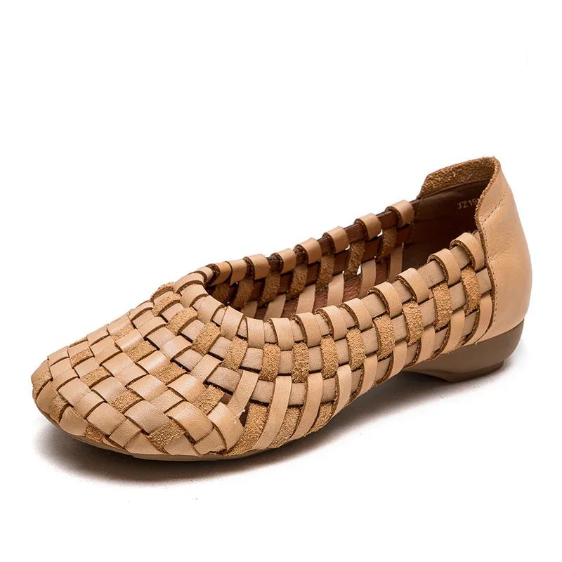 Fashion 2CM New Ethnic Handmade Weave Genuine Leather Oxfords Soft Soled Comfy Elegance Fashion Spring Summer Women Slip On Ladies Shoes
