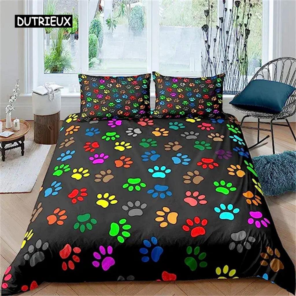 Hunde Pfote Bettbezug Knochen Muster Niedliches Hunde Pfoten Bettwäsche Set Für Teenager Mädchen Jungen Zimmer Deko Geschenke Haustier Tier Cartoon Bettdeckenbezug